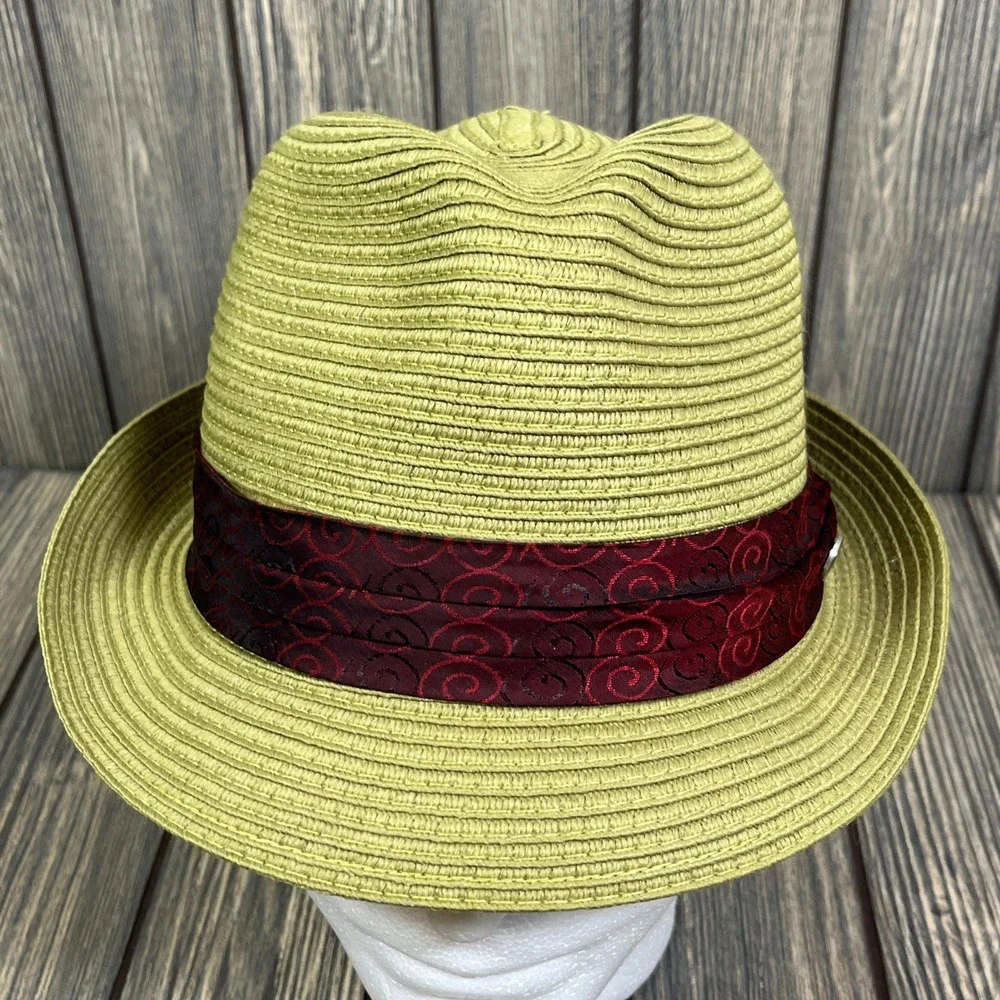 Peter Grimm Fedora Hat Men S/M Green Straw Trilby Burgundy Band Summer Sun Beach